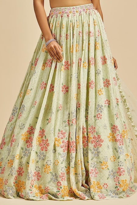 Nitika Gujral_Green Lehenga Georgette Embroidery Checkered Halter Neck Thread Blouse Set _Online_at_Aza_Fashions