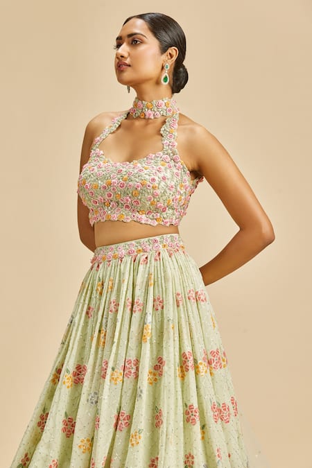 Buy_Nitika Gujral_Green Lehenga Georgette Embroidery Checkered Halter Neck Thread Blouse Set _Online_at_Aza_Fashions