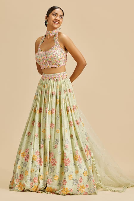 Shop_Nitika Gujral_Green Lehenga Georgette Embroidery Checkered Halter Neck Thread Blouse Set _Online_at_Aza_Fashions