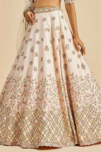 Nitika Gujral_Pink Lehenga And Blouse Raw Silk Embroidery Resham Leaf Neck Crystal Bridal Set _Online_at_Aza_Fashions