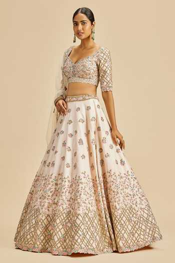 Buy_Nitika Gujral_Pink Lehenga And Blouse Raw Silk Embroidery Resham Leaf Neck Crystal Bridal Set _Online_at_Aza_Fashions
