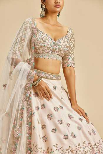 Shop_Nitika Gujral_Pink Lehenga And Blouse Raw Silk Embroidery Resham Leaf Neck Crystal Bridal Set _Online_at_Aza_Fashions