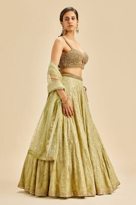 Buy Nitika Gujral Green Lehenga Georgette And Dupatta & Blouse Net Embroidery Tonal Resham Set Online at Aza Fashions Buy_Nitika Gujral_Green Lehenga Georgette And Dupatta & Blouse Net Embroidery Tonal Resham Set _Online_at_Aza_Fashions