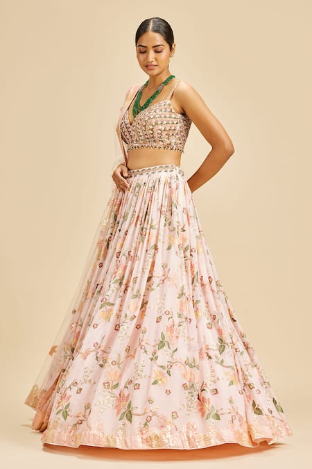 Shop Nitika Gujral Pink Lehenga Georgette And Dupatta & Blouse Net Embroidery Resham Floral Set Online at Aza Fashions Shop_Nitika Gujral_Pink Lehenga Georgette And Dupatta & Blouse Net Embroidery Resham Floral Set _Online_at_Aza_Fashions