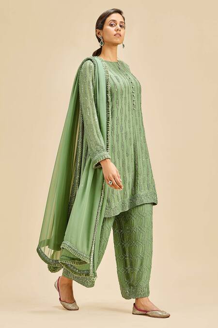 Nitika Gujral Green Georgette Embroidery Bead Round Kurta Palazzo Set Online at Aza Fashions Nitika Gujral_Green Georgette Embroidery Bead Round Kurta Palazzo Set _Online_at_Aza_Fashions