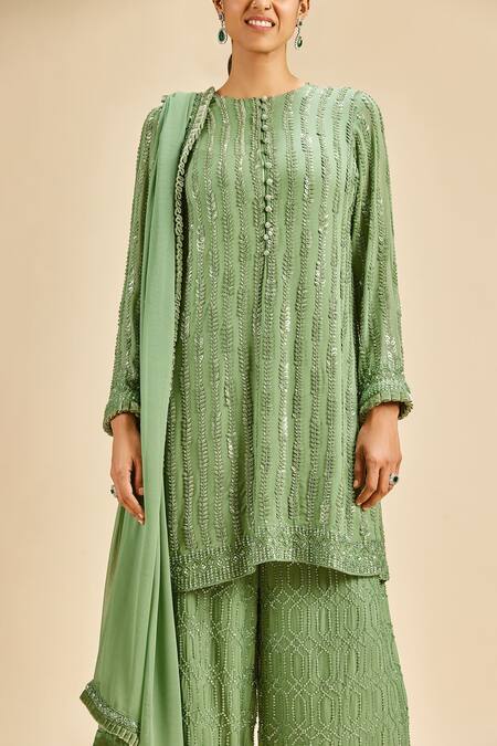 Buy Nitika Gujral Green Georgette Embroidery Bead Round Kurta Palazzo Set Online at Aza Fashions Buy_Nitika Gujral_Green Georgette Embroidery Bead Round Kurta Palazzo Set _Online_at_Aza_Fashions