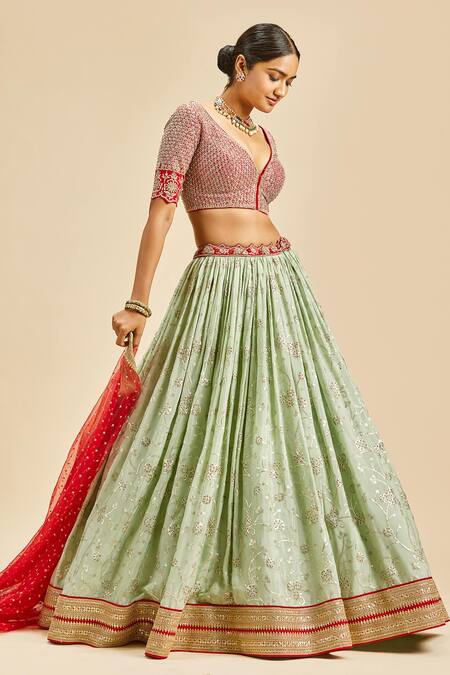 Buy Nitika Gujral Green Lehenga Chinnon Embroidery Zari Leaf Neck Set Online at Aza Fashions Buy_Nitika Gujral_Green Lehenga Chinnon Embroidery Zari Leaf Neck Set _Online_at_Aza_Fashions