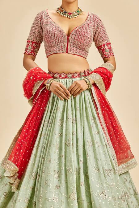 Shop Nitika Gujral Green Lehenga Chinnon Embroidery Zari Leaf Neck Set Online at Aza Fashions Shop_Nitika Gujral_Green Lehenga Chinnon Embroidery Zari Leaf Neck Set _Online_at_Aza_Fashions