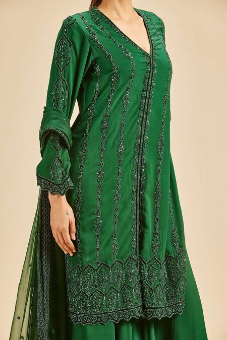 Buy_Nitika Gujral_Green Georgette Embroidery Tonal Bead V Neck Applique Kurta Sharara Set _Online_at_Aza_Fashions