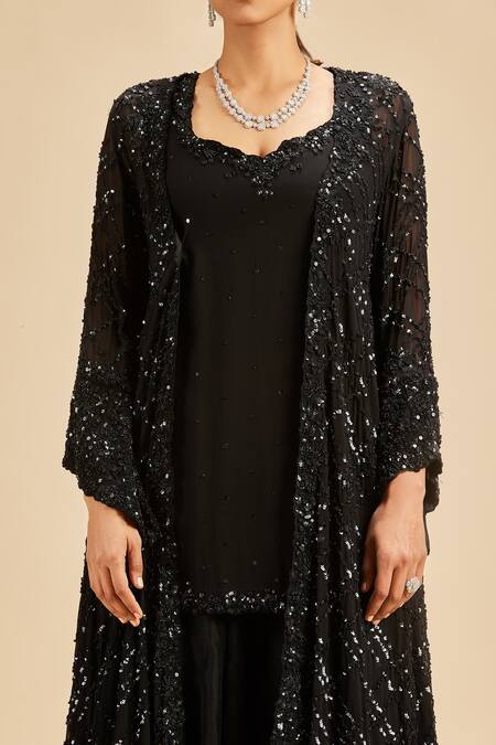 Nitika Gujral Black Sharara Organza And Jacket & Kurta Georgette Tonal High Low & Set Online at Aza Fashions Nitika Gujral_Black Sharara Organza And Jacket & Kurta Georgette Tonal High Low & Set _Online_at_Aza_Fashions