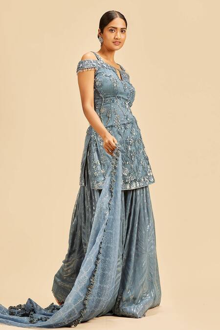 Buy_Nitika Gujral_Grey Kurta Net Embroidery Bead Notched Crystal Sharara Set _Online_at_Aza_Fashions