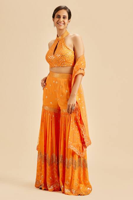 Nitika Gujral Orange Blouse And Gharara Georgette Embroidery Sequin Halter Neck Set Online at Aza Fashions Nitika Gujral_Orange Blouse And Gharara Georgette Embroidery Sequin Halter Neck Set _Online_at_Aza_Fashions