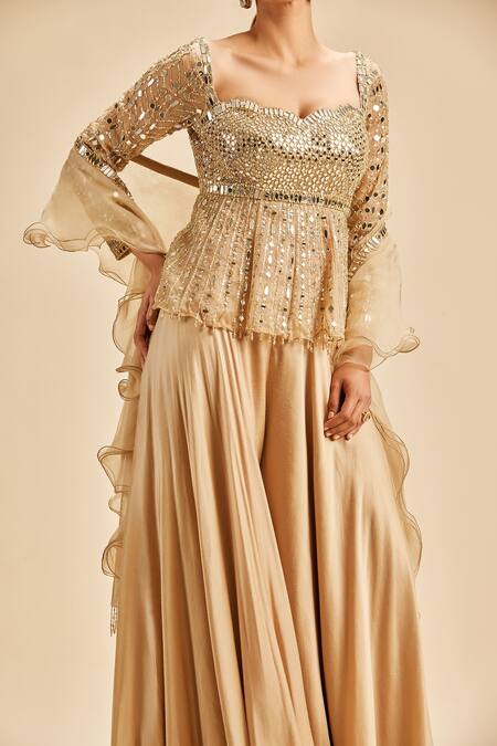 Buy Nitika Gujral Gold Sharara Satin Embroidery Beads Sweetheart Neck Mirror Work Peplum Top Set Online at Aza Fashions Buy_Nitika Gujral_Gold Sharara Satin Embroidery Beads Sweetheart Neck Mirror Work Peplum Top Set _Online_at_Aza_Fashions