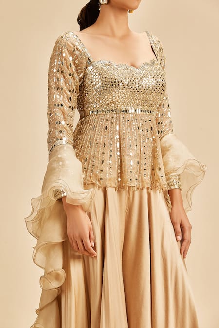 Shop Nitika Gujral Gold Sharara Satin Embroidery Beads Sweetheart Neck Mirror Work Peplum Top Set Online at Aza Fashions Shop_Nitika Gujral_Gold Sharara Satin Embroidery Beads Sweetheart Neck Mirror Work Peplum Top Set _Online_at_Aza_Fashions