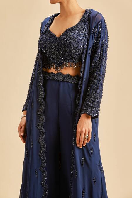 Shop Nitika Gujral Blue Georgette Embroidery Sequin Leaf Neck Jacket And Sharara Set Online at Aza Fashions Shop_Nitika Gujral_Blue Georgette Embroidery Sequin Leaf Neck Jacket And Sharara Set _Online_at_Aza_Fashions