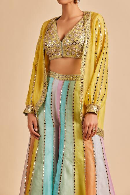 Buy Nitika Gujral Yellow Organza Embroidery Mirror Blouse V Work Sheer And Panelled Sharara Set Online at Aza Fashions Buy_Nitika Gujral_Yellow Organza Embroidery Mirror Blouse V Work Sheer And Panelled Sharara Set _Online_at_Aza_Fashions