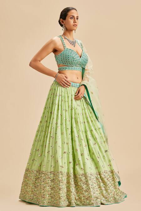 Buy Green Lehenga Georgette Embroidery Floral Sweetheart Sequin Set For  Women by Nitika Gujral Online at Aza Fashions.