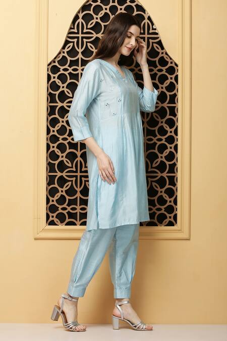 Kefi Collections_Blue Cotton, Silk Embroidery V-neck Amnit A-line Kurta And Salwar Set_Online_at_Aza_Fashions