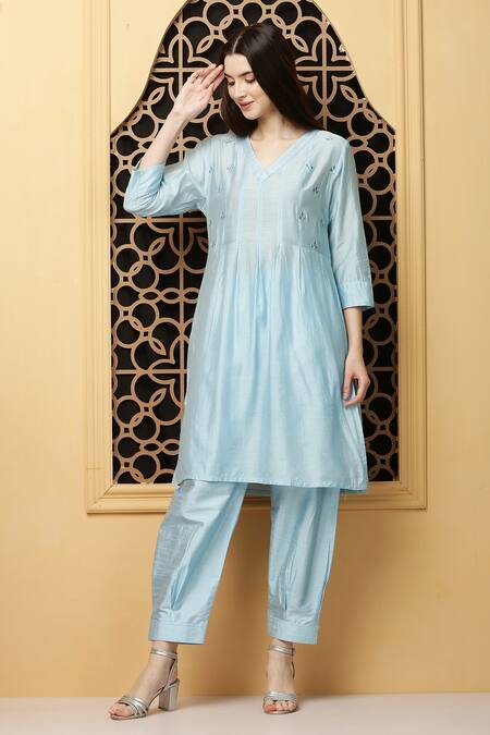 Buy_Kefi Collections_Blue Cotton, Silk Embroidery V-neck Amnit A-line Kurta And Salwar Set_Online_at_Aza_Fashions