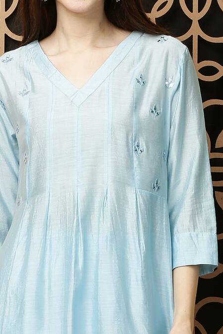 Kefi Collections_Blue Cotton, Silk Embroidery V-neck Amnit A-line Kurta And Salwar Set_at_Aza_Fashions