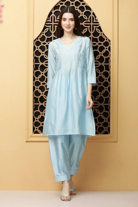 Buy_Kefi Collections_Blue Cotton, Silk Embroidery V-neck Amnit A-line Kurta And Salwar Set