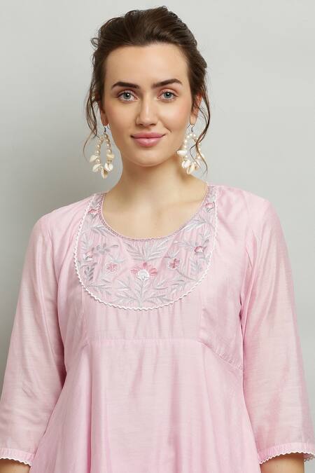 Kefi Collections_Pink Cotton, Chanderi, Organza Embroidery, Amodini Short Anarkali Sharara Set_Online_at_Aza_Fashions