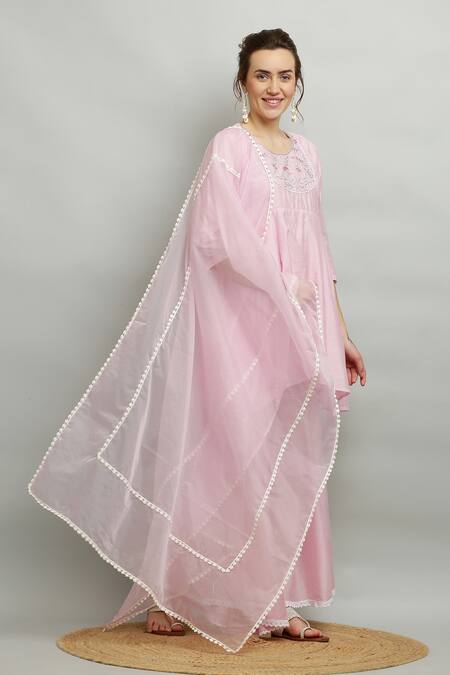 Buy_Kefi Collections_Pink Cotton, Chanderi, Organza Embroidery, Amodini Short Anarkali Sharara Set_Online_at_Aza_Fashions