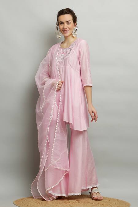 Shop_Kefi Collections_Pink Cotton, Chanderi, Organza Embroidery, Amodini Short Anarkali Sharara Set_Online_at_Aza_Fashions