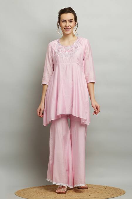 Buy_Kefi Collections_Pink Cotton, Chanderi, Organza Embroidery, Amodini Short Anarkali Sharara Set