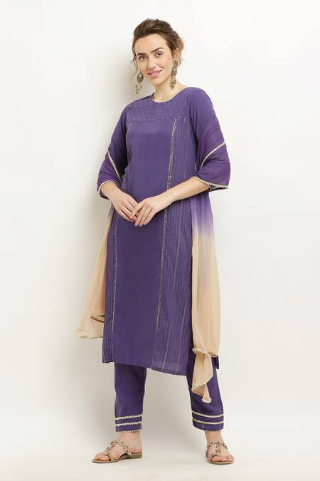 Kefi Collections_Purple Cotton, Chiffon Lace Round Neck Amrusha Kurta Set With Ombre Dupatta_Online_at_Aza_Fashions