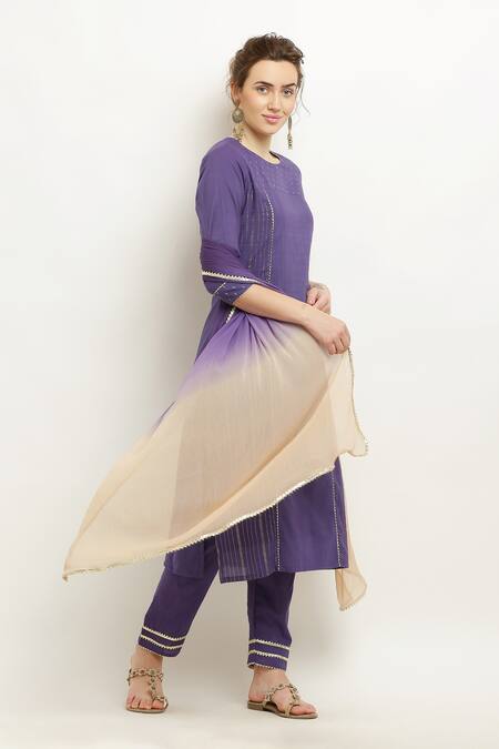 Buy_Kefi Collections_Purple Cotton, Chiffon Lace Round Neck Amrusha Kurta Set With Ombre Dupatta_Online_at_Aza_Fashions