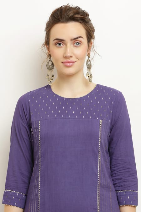 Shop_Kefi Collections_Purple Cotton, Chiffon Lace Round Neck Amrusha Kurta Set With Ombre Dupatta_Online_at_Aza_Fashions