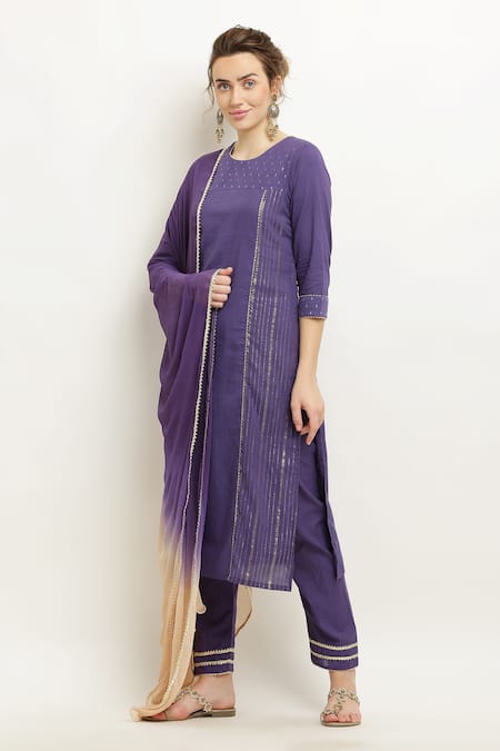 Kefi Collections_Purple Cotton, Chiffon Lace Round Neck Amrusha Kurta Set With Ombre Dupatta_at_Aza_Fashions
