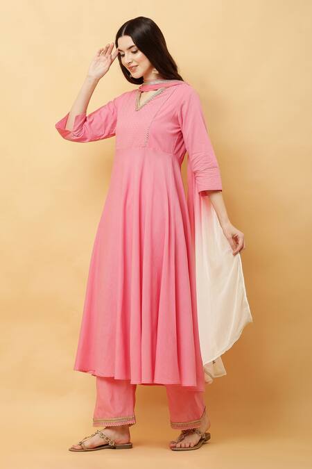 Kefi Collections_Pink Cotton, Chiffon Lace, Embroidery V-neck Amyrah Yoke Woven Anarkali Set_Online_at_Aza_Fashions