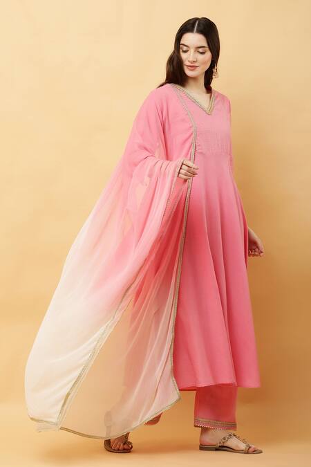 Buy_Kefi Collections_Pink Cotton, Chiffon Lace, Embroidery V-neck Amyrah Yoke Woven Anarkali Set_Online_at_Aza_Fashions