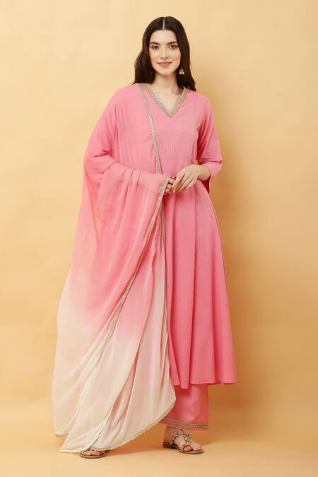 Shop_Kefi Collections_Pink Cotton, Chiffon Lace, Embroidery V-neck Amyrah Yoke Woven Anarkali Set_Online_at_Aza_Fashions