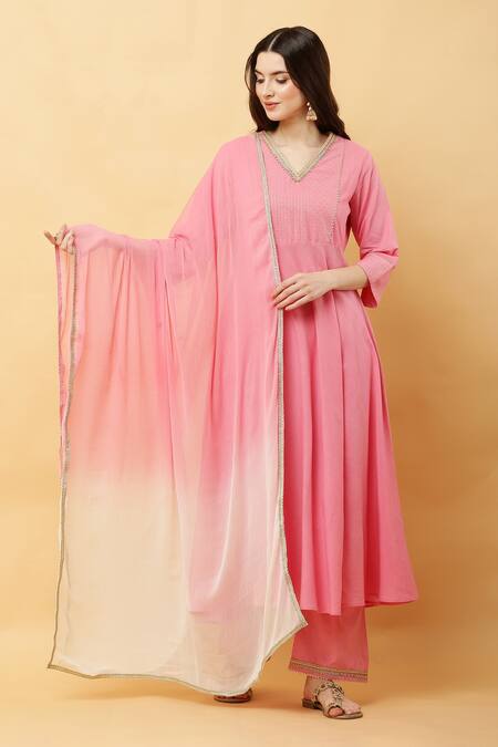 Kefi Collections_Pink Cotton, Chiffon Lace, Embroidery V-neck Amyrah Yoke Woven Anarkali Set_at_Aza_Fashions