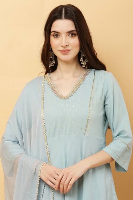 Kefi Collections_Blue Cotton, Chiffon Lace V-neck Anahat Geometric Woven Anarkali Set_Online_at_Aza_Fashions