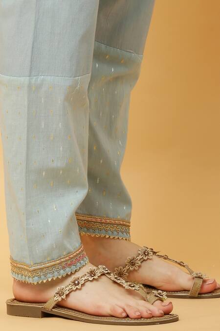 Buy_Kefi Collections_Blue Cotton, Chiffon Lace V-neck Anahat Geometric Woven Anarkali Set_Online_at_Aza_Fashions