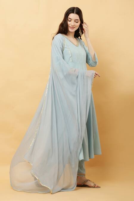 Shop_Kefi Collections_Blue Cotton, Chiffon Lace V-neck Anahat Geometric Woven Anarkali Set_Online_at_Aza_Fashions