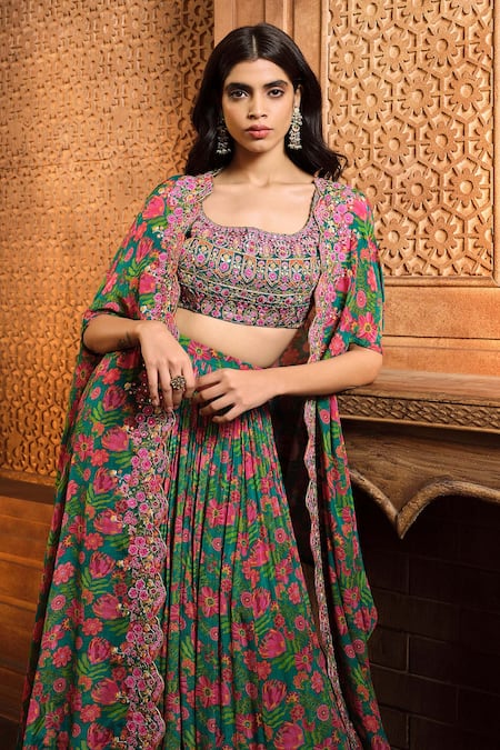Aneesh Agarwaal Green Chiffon, Organza Embroidery Scoop Neck Floral Print Cape Skirt Set Online at Aza Fashions Aneesh Agarwaal_Green Chiffon, Organza Embroidery Scoop Neck Floral Print Cape Skirt Set _Online_at_Aza_Fashions