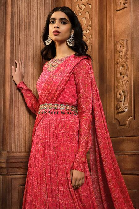 Shop Aneesh Agarwaal Red Chiffon, Organza, Linen Embroidery, Mirrors Floral Print Draped Anarkali Online at Aza Fashions Shop_Aneesh Agarwaal_Red Chiffon, Organza, Linen Embroidery, Mirrors Floral Print Draped Anarkali _Online_at_Aza_Fashions