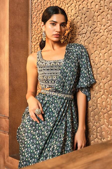 Aneesh Agarwaal Blue Chiffon, Organza Cut Work, Pearls, Pre-draped Ikat Print Saree With Blouse Online at Aza Fashions Aneesh Agarwaal_Blue Chiffon, Organza Cut Work, Pearls, Pre-draped Ikat Print Saree With Blouse _Online_at_Aza_Fashions