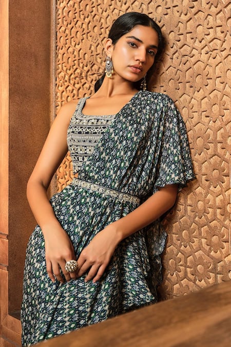 Buy Aneesh Agarwaal Blue Chiffon, Organza Cut Work, Pearls, Pre-draped Ikat Print Saree With Blouse Online at Aza Fashions Buy_Aneesh Agarwaal_Blue Chiffon, Organza Cut Work, Pearls, Pre-draped Ikat Print Saree With Blouse _Online_at_Aza_Fashions