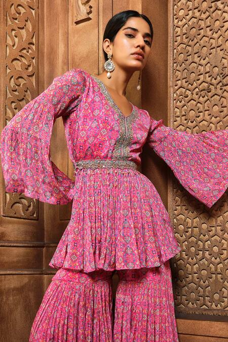 Aneesh Agarwaal Pink Chiffon, Linen Embroidery, Bell Sleeve Persian Print Tunic Sharara Set Online at Aza Fashions Aneesh Agarwaal_Pink Chiffon, Linen Embroidery, Bell Sleeve Persian Print Tunic Sharara Set _Online_at_Aza_Fashions