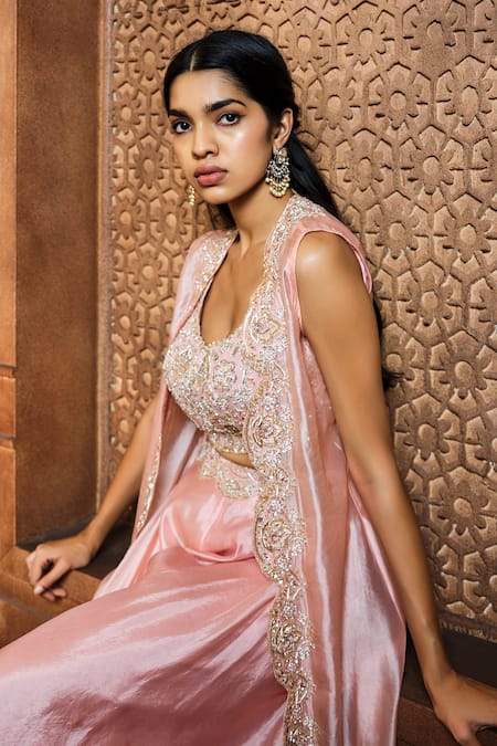 Buy Aneesh Agarwaal Pink Silk Organza, Linen Sequins, Beads Placket Embroidered Cape Sharara Set Online at Aza Fashions Buy_Aneesh Agarwaal_Pink Silk Organza, Linen Sequins, Beads Placket Embroidered Cape Sharara Set _Online_at_Aza_Fashions