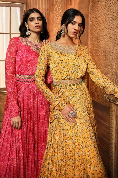 Aneesh Agarwaal Yellow Chiffon, Organza, Linen Calico Flower Print Draped Anarkali With Belt Online at Aza Fashions Aneesh Agarwaal_Yellow Chiffon, Organza, Linen Calico Flower Print Draped Anarkali With Belt _Online_at_Aza_Fashions