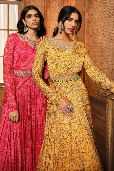 Aneesh Agarwaal Red Chiffon, Organza, Linen Embroidery, Mirrors Floral Print Draped Anarkali at Aza Fashions Aneesh Agarwaal_Red Chiffon, Organza, Linen Embroidery, Mirrors Floral Print Draped Anarkali _at_Aza_Fashions