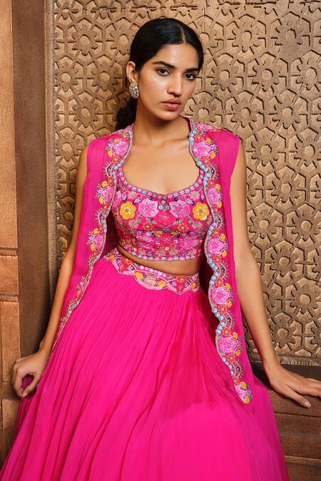 Aneesh Agarwaal_Fuchsia Organza Embroidery, Beads Asymmetric, Scallop Border Jacket Skirt Set _Online_at_Aza_Fashions