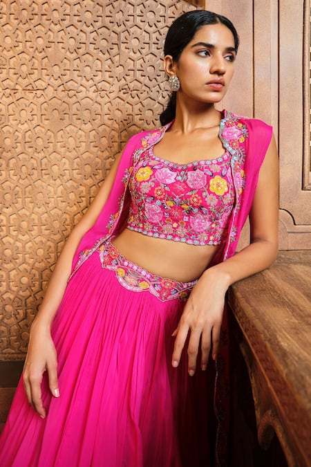 Buy_Aneesh Agarwaal_Fuchsia Organza Embroidery, Beads Asymmetric, Scallop Border Jacket Skirt Set _Online_at_Aza_Fashions